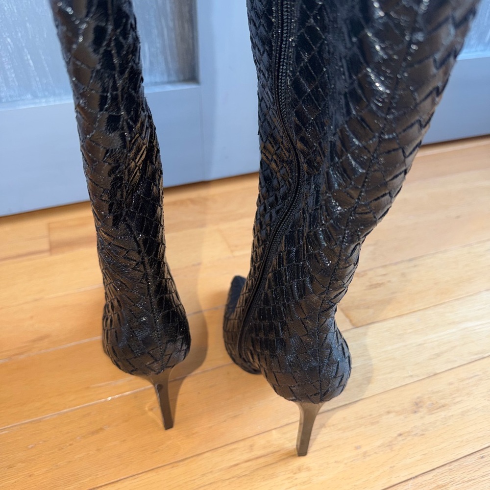 INC International Concepts Savoniap Black Woven Knee-High Boots Stiletto Heel 5 - Picture 7 of 9